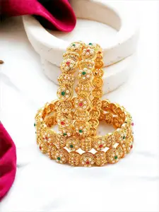 FEMMIBELLA Set Of 4 Gold-Plated Pearls Studded Bangles