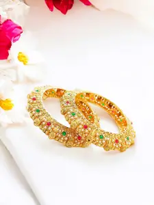 FEMMIBELLA Gold-Plated 2Pcs Pearls & Artificial Stones Studded Maharani Bangles