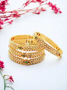 FEMMIBELLA Set Of 4 Gold-Plated Pearls Studded Bangles