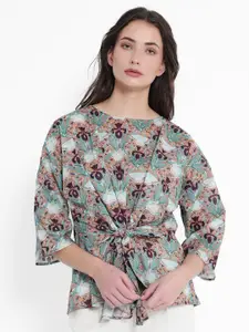 RAREISM Talisco Floral Printed Relaxed Fit Cotton Cinched Waist Top