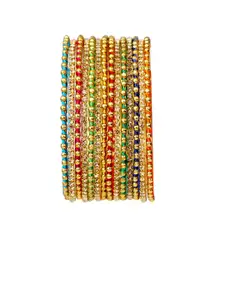 FEMMIBELLA Set Of 14 Gold Plated Cubic Zirconia Studded Threadwork Bangles