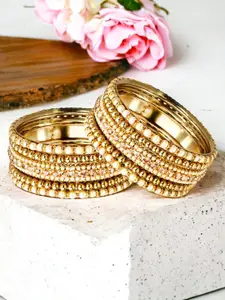 FEMMIBELLA Set Of 2 Gold Plated Cubic Zirconia Studded & Beaded Bangles
