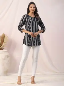 JISORA Black Floral Print Pure Silk A-Line Top