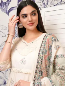 Vishudh White Printed Gathered Midi Fit & Flare Ethnic Dresses With Dupatta & Belt