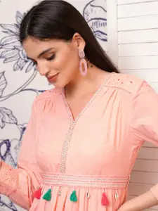 Vishudh Self Design V-Neck Fit & Flare Midi Dress