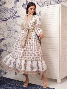 Vishudh Floral Printed Mandarin Collar Midi Dress