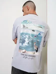 HIGHLANDER Grey Graphic Printed Drop Shoulder Sleeves Oversized T-shirt