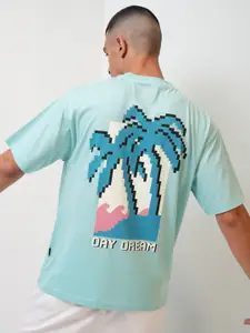 HIGHLANDER Sea Green Graphic Printed Drop Shoulder Sleeves Relaxed Fit T-shirt