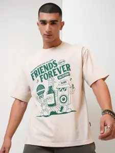 HIGHLANDER Cream Coloured Typography Printed Drop Shoulder Sleeves Relaxed Fit T-shirt