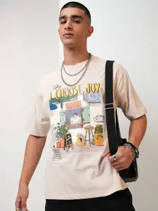 HIGHLANDER Cream Coloured Graphic Printed Drop Shoulder Sleeves Relaxed Fit T-shirt