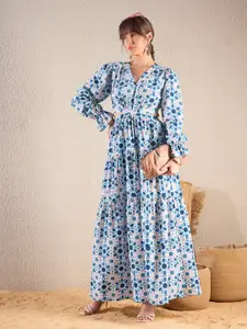 SASSAFRAS Teal Blue Floral Printed V Neck Cut Out Tiered Maxi Dress