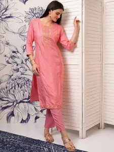 Vishudh Peach Floral Embroidered Thread Work Straight Kurta