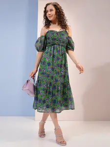 Tokyo Talkies Purple & Green Floral Printed Off-Shoulder Cold-Shoulder A-Line Midi Dress
