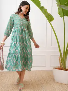 Vishudh Green Floral Print Fit and Flare Midi Dress