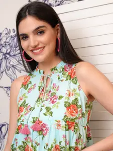 Vishudh Floral Print Tie-Up Neck Maxi Dress