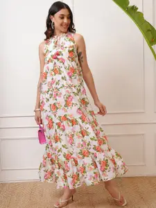 Vishudh Floral Print Tie-Up Neck Maxi Dress