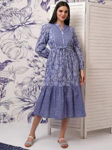Vishudh Blue Floral Print Puff Sleeve Fit and Flare Midi Dress