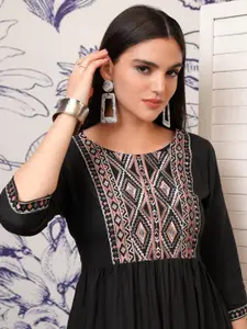 Vishudh Black Round Neck  Fit and Flare Midi Dress