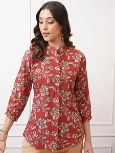 Vishudh Print Mandarin Collar Puff Sleeve Shirt Style Top
