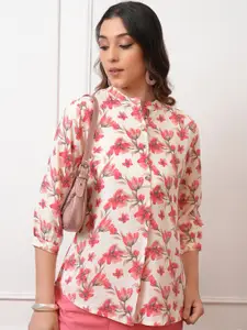 Vishudh Pink Floral Print Mandarin Collar Shirt Style Casual Top