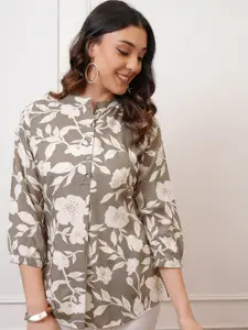Vishudh Grey Floral Printed Mandarin Collar Shirt Style Top