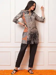 Vishudh Grey Printed Shirt Collar Top With Trousers Co-Ords