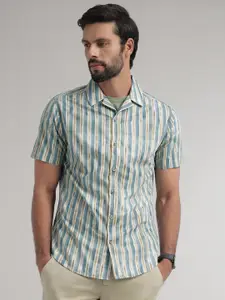 Andamen Premium Fit Vertical Striped Cuban Collar Short Sleeves Cotton Casual Shirt