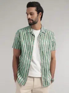 Andamen Premium Fit Vertical Striped Cuban Collar Short Sleeves Cotton Casual Shirt