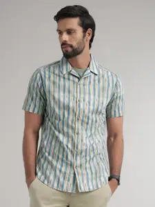 Andamen Premium Striped Printed Spread Collar Short Sleeves Cotton Slim Fit Shirt
