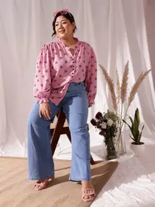 CURVY STREET Plus Size Comfort Floral Printed Mandarin Collar Casual Shirt