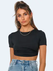 Dracht Round Neck Short Sleeves Styled Back Solid Crop Top