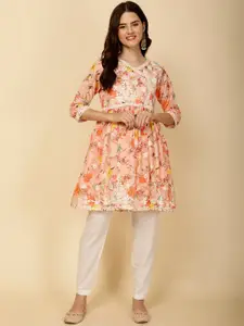 Meena Bazaar Women Floral Printed Flared Sleeves Thread Work Kurta