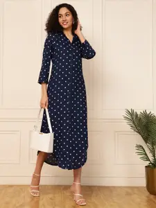 DEEBACO Polka Dot Printed Shirt Midi Dress