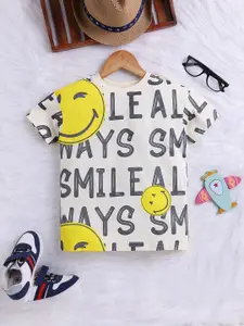 Happy Faces Boys Typography Printed Drop-Shoulder Sleeves Pure Cotton T-shirt