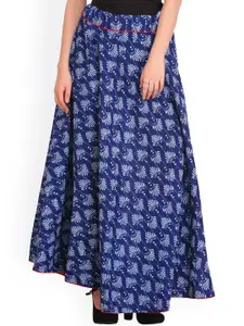 Exotic India Limoges Blue Block Pure Cotton Printed Long Ghagra Skirt with Piping-Work