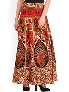 Exotic India Scarlet Red Cream Floral Printed Wrap-Around Pure Cotton Long Skirt