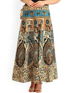 Exotic India Brittany Blue Cream Floral Printed Wrap-Around Pure Cotton Long Skirt