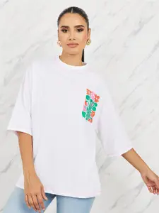 Styli White Graphic Printed Round Neck Oversized  T-Shirt