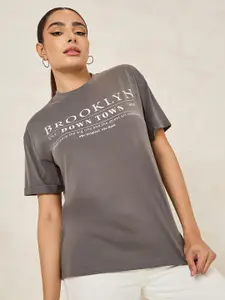 Styli Charcoal Grey & White Biker Printed Drop-Shoulder Sleeves Oversized T-Shirt
