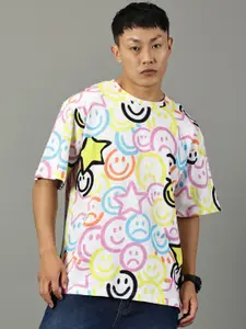 Rodzen Graphic Printed Pure Cotton Drop-Shoulder Sleeves Oversized T-shirt