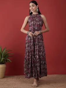 Anouk Ikat Printed Halter Neck Tiered Fit and Flare Ethnic Dresses