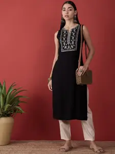 Anouk Black Embroidered Yoke Design Thread Work A-Line Kurta