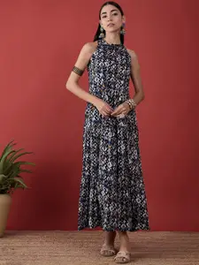 Anouk  Ikat Printed Halter Neck Tiered Fit and Flare Ethnic Dresses