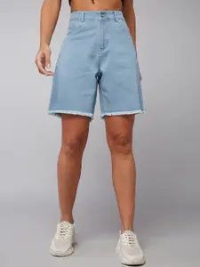 DOLCE CRUDO Blue Regular High-Rise Raw Egde Above Knee Stretchable Denim Chino Shorts