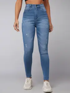 Dolce Crudo Women Blue Skinny Fit High-Rise Low Distress Light Fade Stretchable Jeans