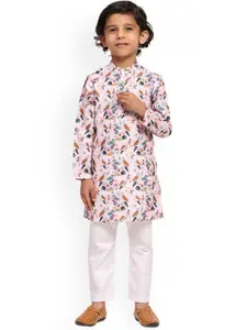 BAESD Boys Quirky Printed Mandarin Collar Linen Straight Kurta With Pyjama
