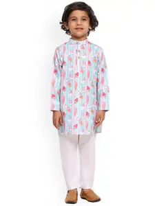 BAESD Boys Printed mandarin Collar Regular Linen Straight Kurta With Pyjamas