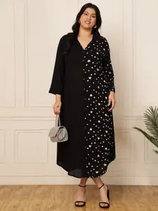 DEEBACO Plus Size Floral Print Shirt Collar Cuffed Sleeves A-Line Maxi Dress