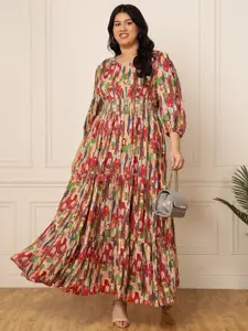 DEEBACO Abstract Printed Flared Puff Sleeve Maxi Dress