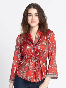 SHAYE Cowl Neck Flared Sleeves Smart Floral Printed Casual Shirt